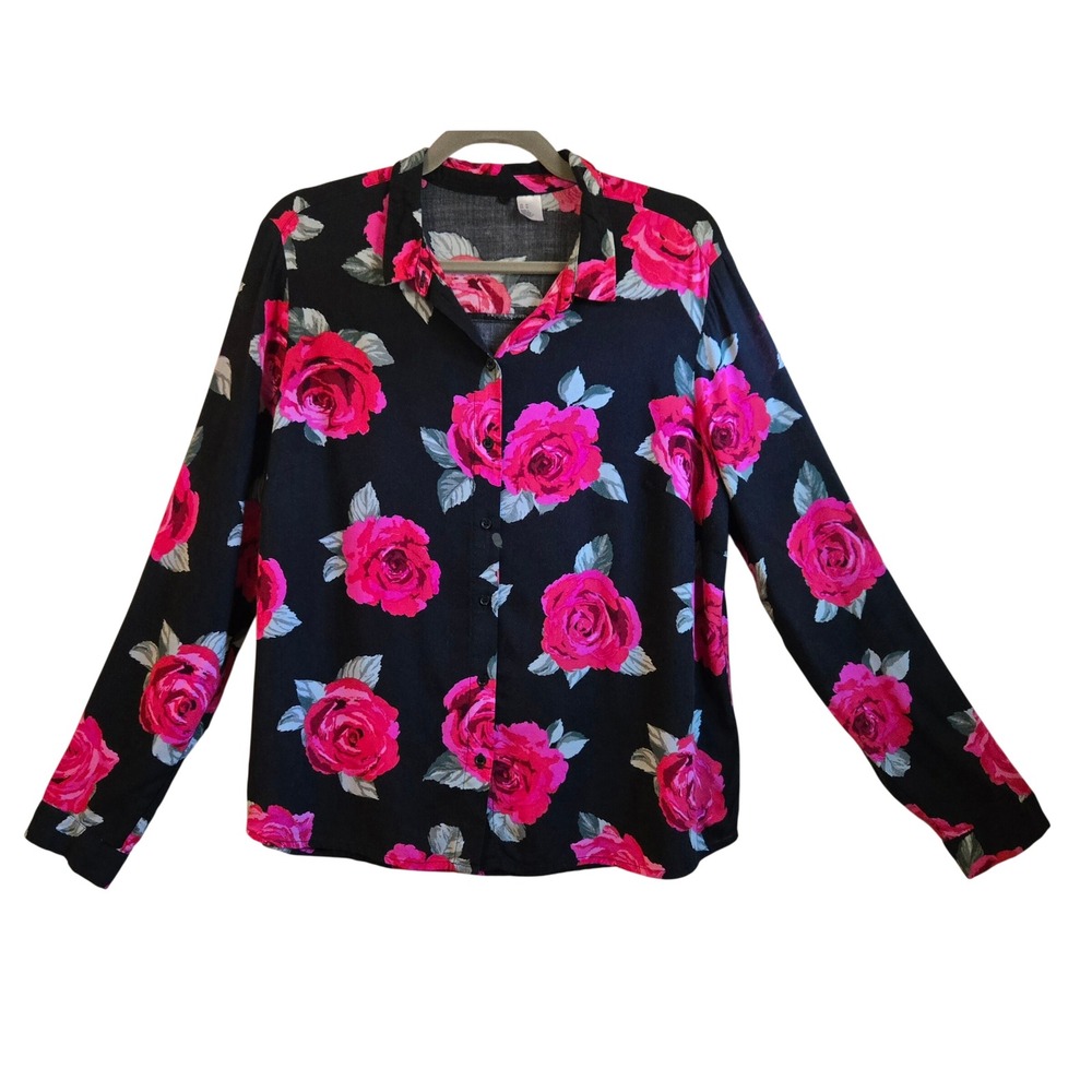 H&M Womens M Whimsygoth Pink Rose Floral Button Down Blouse Black Long Sleeve